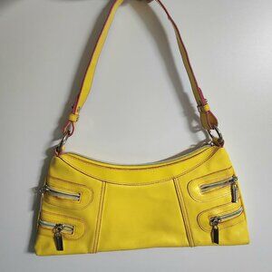 Yellow & Pink Faux Leather Handbag – 13.5" Wide – Modern Zip Purse with Strap...